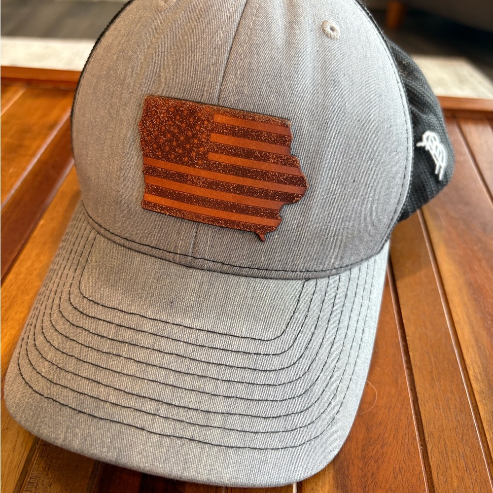 Richardson 112 Laser Engraved Leather Flag Patch Trucker Hat Iowa Branded Bills